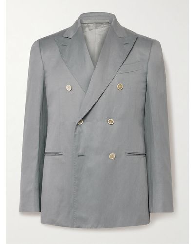Caruso Slim-fit Double-breasted Silk And Linen-blend Blazer - Grey