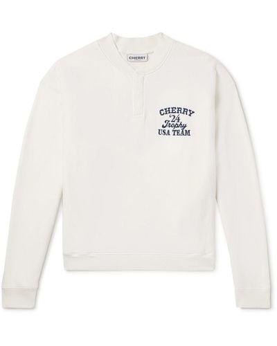 CHERRY LA Trophy Embroidered Printed Cotton-jersey Henley Sweatshirt - White