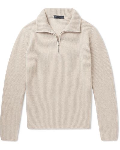 Thom Sweeney Ribbed Merino Wool And Cashmere-blend Half-zip Sweater - White