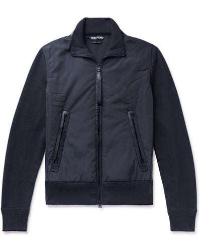 Tom Ford Paneled Ribbed Wool And Shell Zip-up Cardigan - Blue