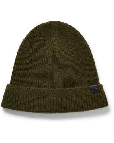 Tom Ford Leather-trimmed Ribbed Wool And Cashmere-blend Beanie - Green