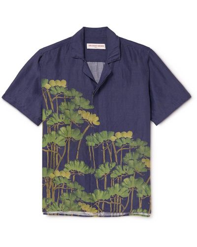 Orlebar Brown Maitain Fantasy Camp-collar Floral-print Linen-blend Shirt - Blue