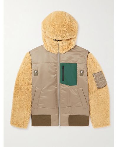 Sacai Faux Shearling-trimmed Nylon-twill Hooded Bomber Jacket - Natural