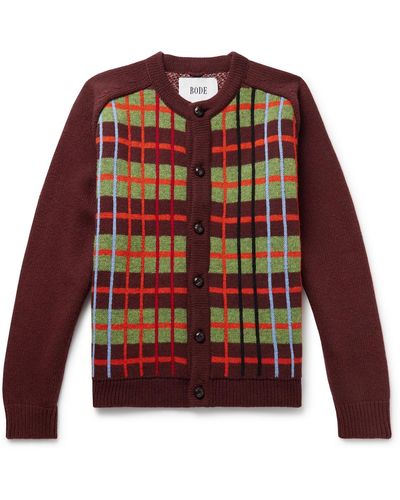 Bode Checked Jacquard-knit Merino Wool Cardigan - Red