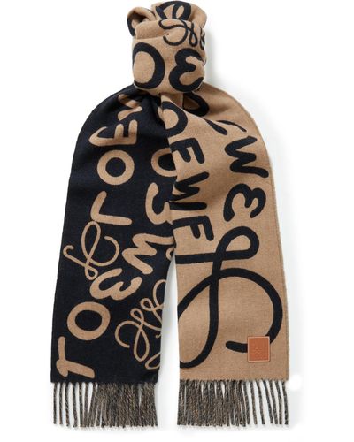Loewe Leather-trimmed Fringed Wool And Cashmere-blend Jacquard Scarf - Brown