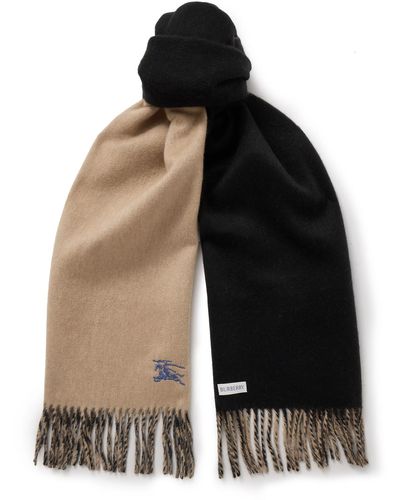 Burberry Reversible Logo-embroidered Fringed Cashmere Scarf - Black