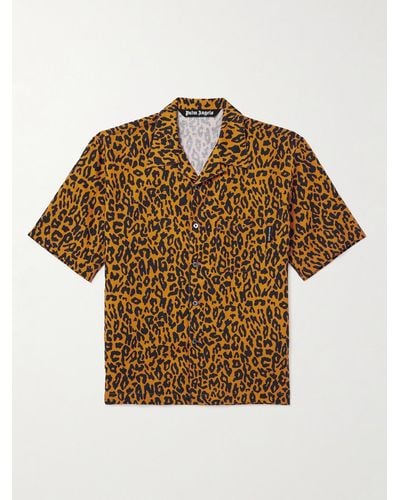 Palm Angels Camicia in misto cotone e lino con stampa ghepardo e colletto aperto - Marrone