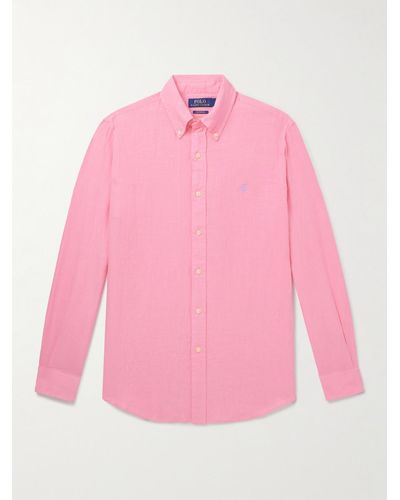 Polo Ralph Lauren Hemd aus Leinen mit Logostickerei und Button-Down-Kragen - Pink