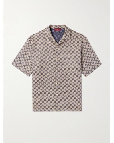 Gucci Camp-collar Logo-jacquard Linen-blend Shirt - Grey