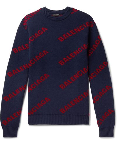 Balenciaga Navy Blue Logo Knitted Wool Sweater