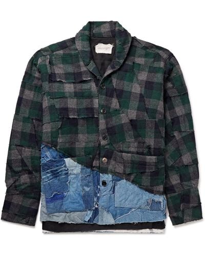 Greg Lauren Patchwork Checked Cotton-flannel And Distressed Denim Overshirt - Blue