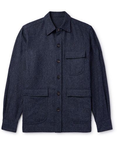 De Petrillo Herringbone Wool And Cashmere-blend Overshirt - Blue