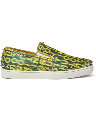Christian Louboutin Pik Boat Spiked Glittered Logo-print Canvas Slip-on Sneakers - Yellow