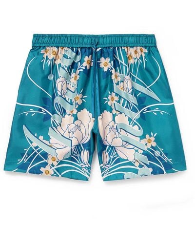 Amiri Straight-leg Floral-print Silk-twill Drawstring Shorts - Blue