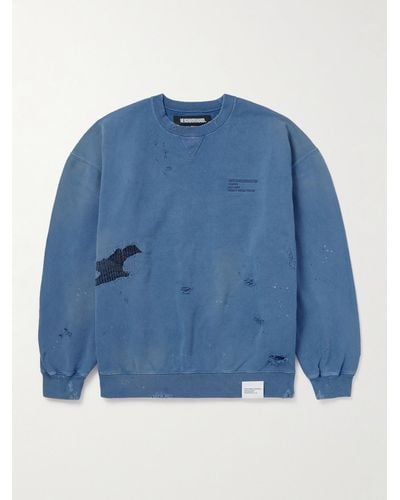 Neighborhood Savage Logo-embroidered Appliquéd Distressed Cotton-jersey Sweatshirt - Blue