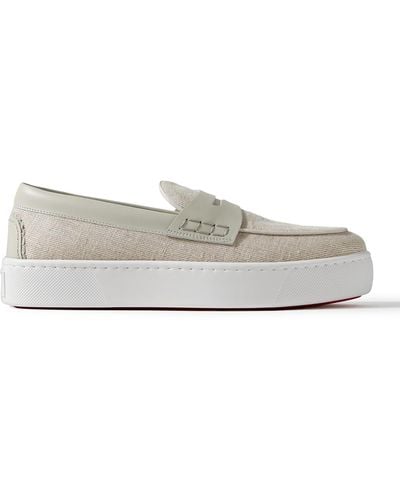 Christian Louboutin Paqueboat Leather-trimmed Linen-canvas Penny Loafers - Gray