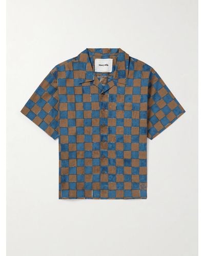 STORY mfg. Greetings Camp-collar Logo-embroidered Checked Organic Cotton Shirt - Blue
