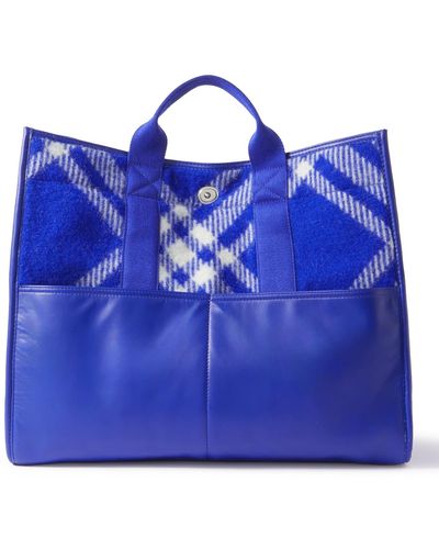 Burberry Leather-trimmed Checked Wool Tote Bag - Blue