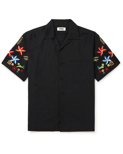 YMC Idris Convertible-collar Embroidered Cotton And Linen-blend Shirt - Black