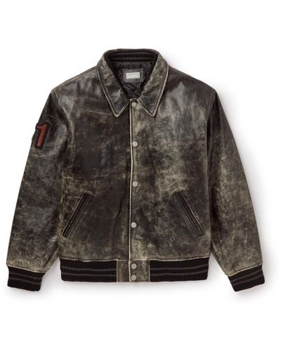 Guess USA Appliquéd Distressed Leather Varsity Jacket - Black