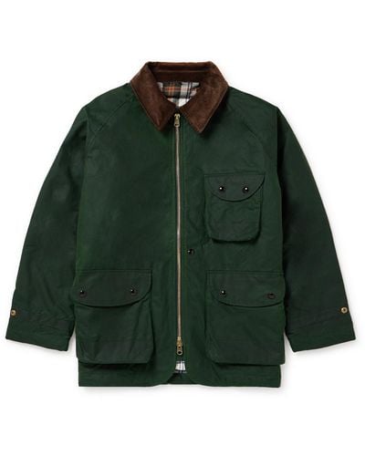 Drake's Corduroy-trimmed Waxed-cotton Jacket - Green