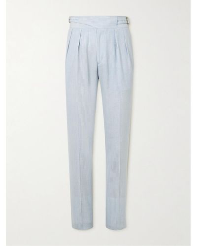Rubinacci Straight-leg Pleated Striped Cotton-seersucker Pants - Blue
