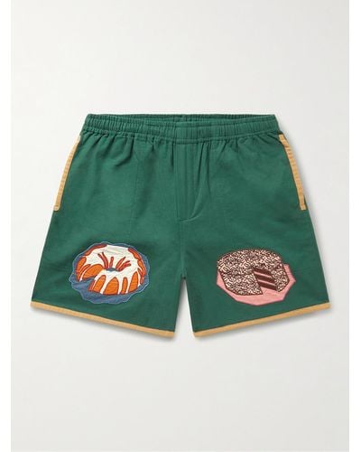 Bode Gerade geschnittene Shorts aus Baumwoll-Canvas mit Applikationen - Grün