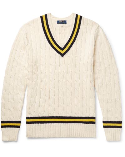 Polo Ralph Lauren Striped Cable-knit Cotton And Cashmere-blend Sweater - Natural