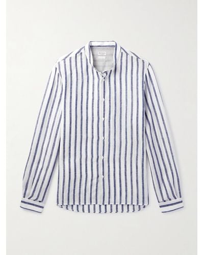 Brunello Cucinelli Gestreiftes Hemd aus Leinen mit Stehkragen - Weiß