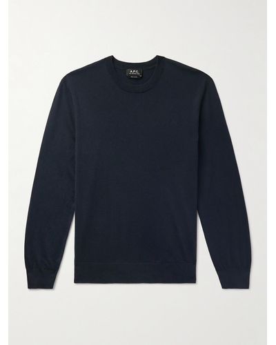 A.P.C. Julio Logo-embroidered Cotton And Cashmere-blend Jumper - Blue