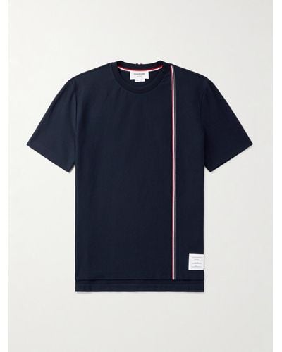 Thom Browne T-shirt in jersey di cotone con righe e logo applicato - Blu