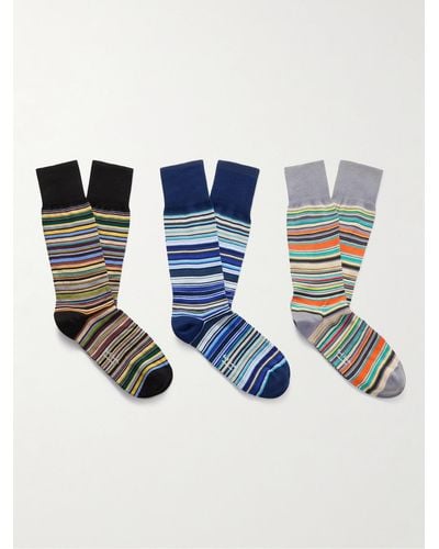 Paul Smith Pack Of Three Striped Cotton-blend Socks - Blue