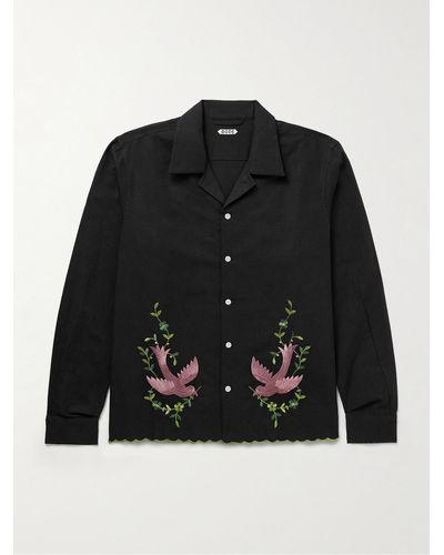Bode Rosefinch Embroidered Cotton And Linen-blend Shirt - Black
