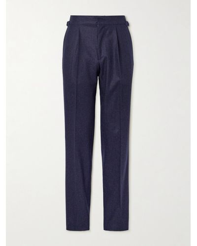 Thom Sweeney Slim-fit Straight-leg Pleated Cotton-blend Trousers - Blue