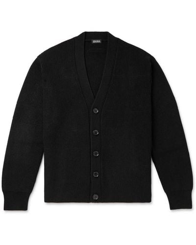Zegna Ribbed Oasi Cashmere And Cotton-blend Cardigan - Black
