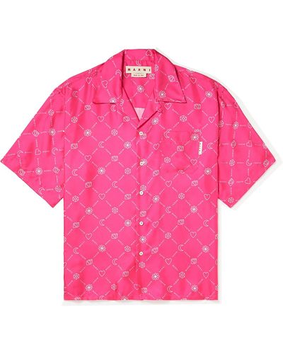 Marni Camp-collar Logo-print Silk-twill Shirt - Pink