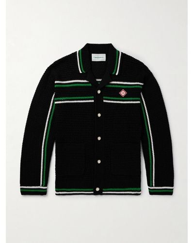 Casablancabrand Camp-collar Logo-appliquéd Striped Crocheted Cotton Cardigan - Black