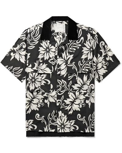 Sacai Camp-collar Velvet-trimmed Printed Voile Shirt - Black