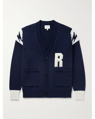 Rhude Logo-appliquéd Intarsia-knit Cotton Cardigan - Blue