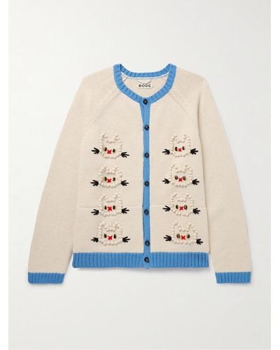 Bode Calico Pompom-embroidered Alpaca And Merino Wool-blend Cardigan - Blue
