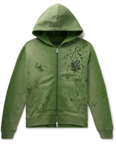Amiri Distressed Logo-print Cotton-jersey Zip-up Hoodie - Green