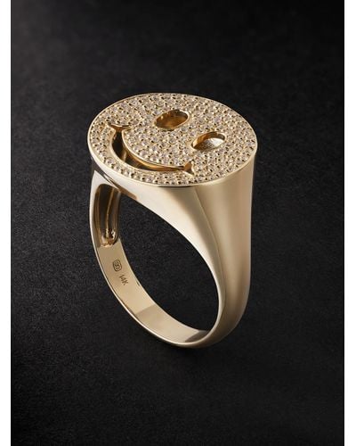 Sydney Evan Large Happy Gold Diamond Signet Ring - Black