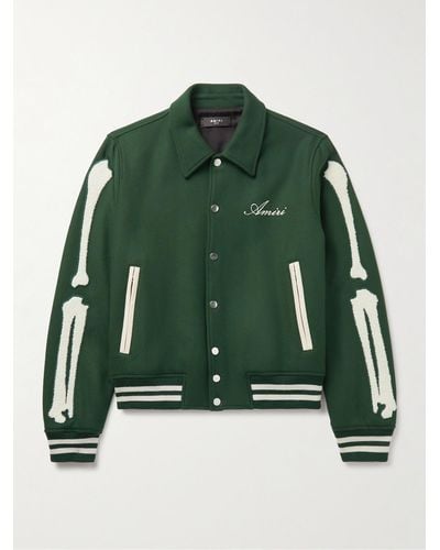 Amiri Bones Leather-trimmed Appliquéd Melton Wool-blend Varsity Jacket - Green