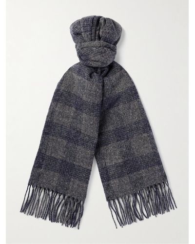 Brunello Cucinelli Fringed Checked Knitted Scarf - Blue