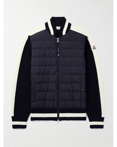 Moncler Slim-fit Logo-appliquéd Striped Ribbed Cotton And Quilted Shell Down Cardigan - Blue