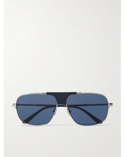 Tom Ford Tex silberfarbene Pilotensonnenbrille mit Lederbesatz - Blau