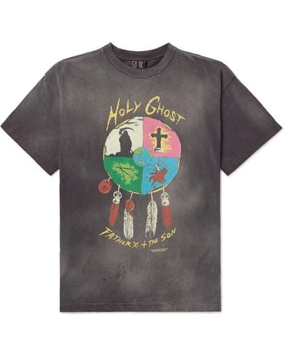 SAINT Mxxxxxx Lastman Holy Ghost Earth Distressed Printed Cotton-jersey T-shirt - Gray