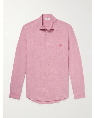 Etro Slim-fit Logo-embroidered Linen Shirt - Pink