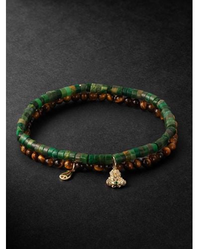 Sydney Evan Set Of Two Mini Buddha And Peace 14-karat Gold And Emerald Beaded Bracelets - Black