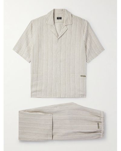 Zegna Logo-embroidered Striped Linen Pyjama Set - White
